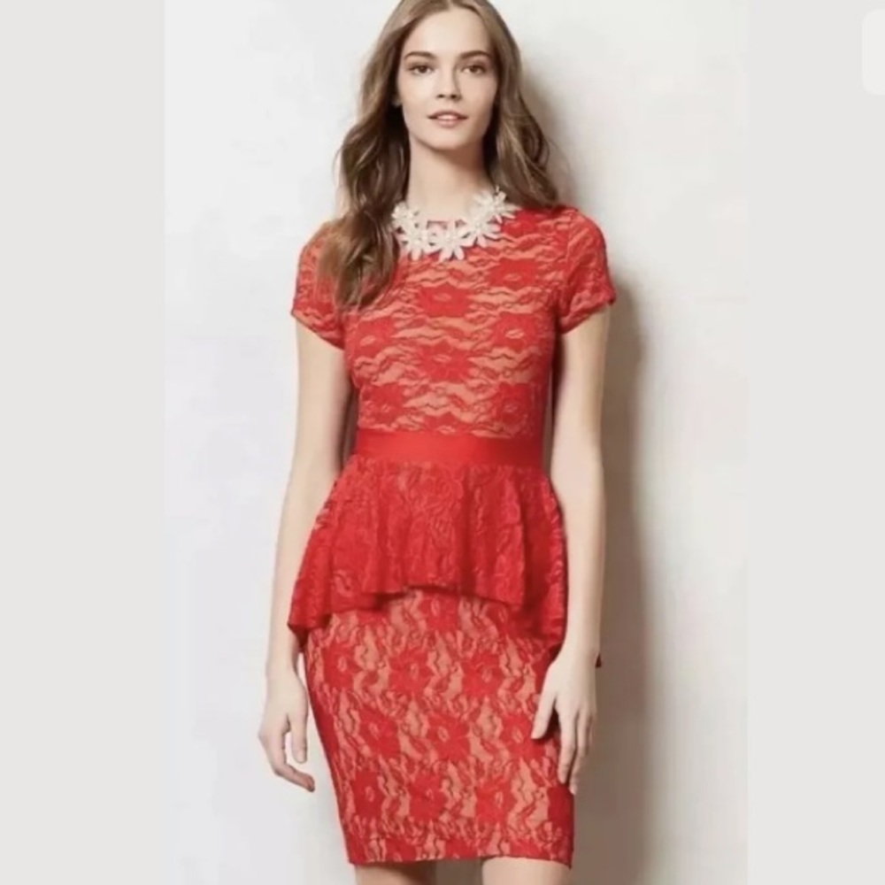 NWOT Anthro Red Lace Peplum Dress